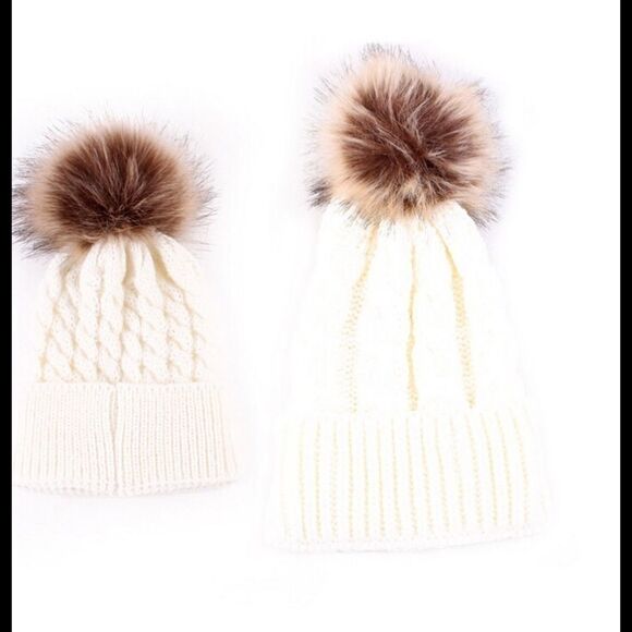 White Matching Mom and Baby Pom Pom Hats - Picture 2 of 4